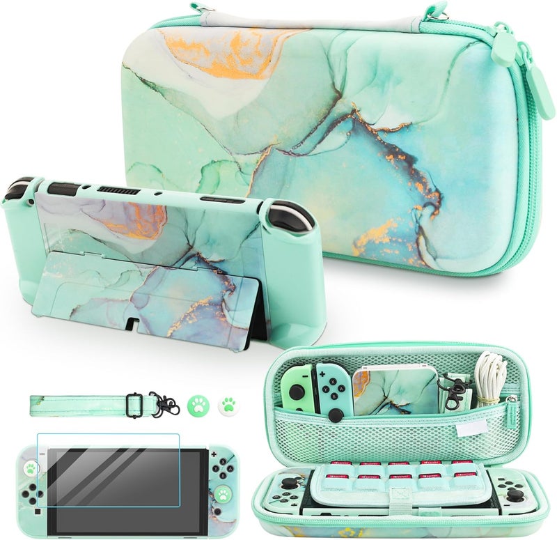 F'DIARY Carrying Case for Nintendo Switch OLED, Shockproof Hard Shell Portable Travel Bag for Accessories Kit with PC Protective Cover, Screen Protector, Shoulder Strap & 2 Thumb Grips, Green Marble - Image 1